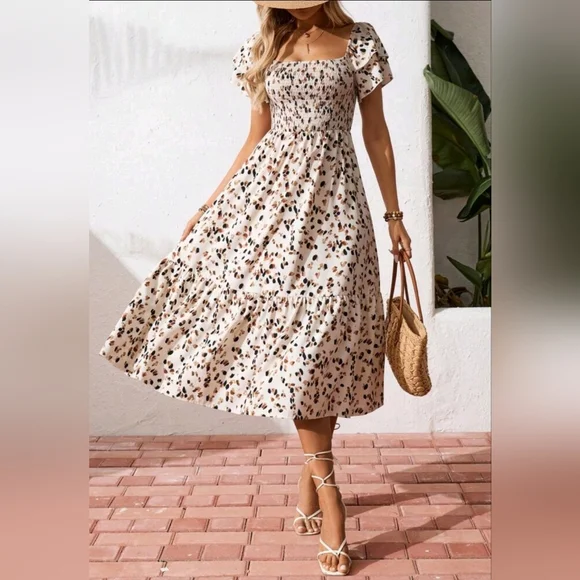 New Dot Print Tiered Flutter Sleeve Midi Dress Cream Tan